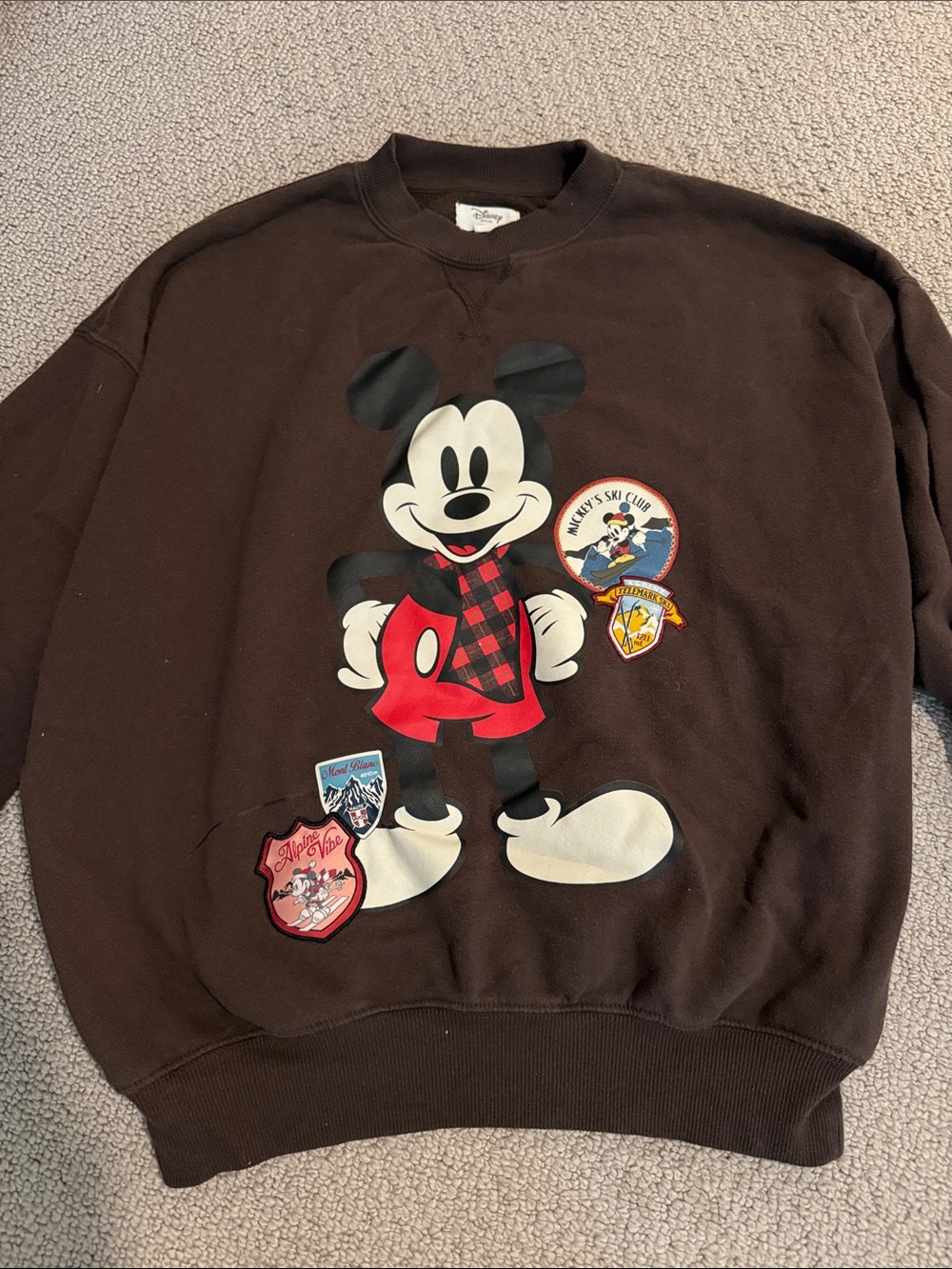 Disney Brown Mickey Mouse Patch Graphic Crewneck Sweatshirt